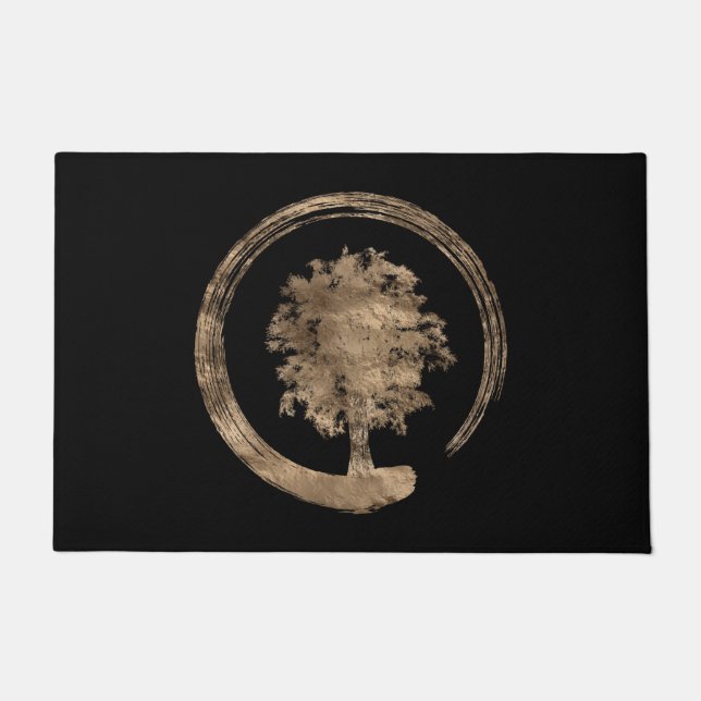 Enso Zen Circle and Tree - Gold on black Doormat (Front)