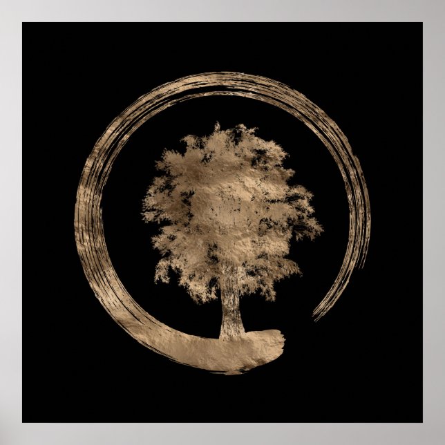 Enso Zen Circle and Tree - Gold on black Poster (Front)