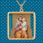 Enthroned St. Joseph with Toddler Christ Child Gold Plated Necklace<br><div class="desc">This detail from a late 19th-century Eastern European devotional print depicts St. Joseph seated on a golden throne with the Christ Child as a toddler standing on his knee. The Christ Child raises his right hand in blessing and holds a spray of lilies symbolising purity in his left. St. Joseph’s...</div>