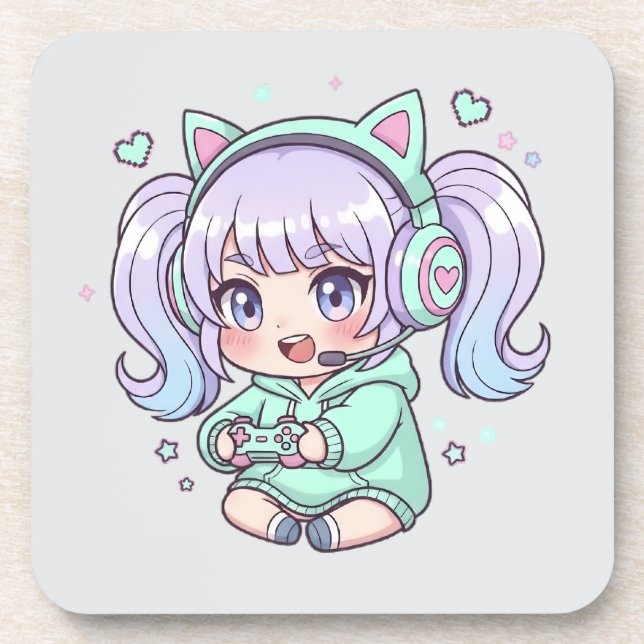 Enthusiastic Chibi Gamer Girl Coaster (Front)