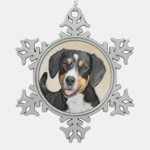 Entlebucher Mountain Dog Painting - Original Art Snowflake Pewter Christmas Ornament