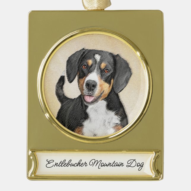 Entlebucher Mountain Dog Painting Original Dog Art Gold Plated Banner Ornament (Front)