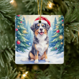 Entlebucher Mountain Dog Snowy Forest Santa Ceramic Ornament