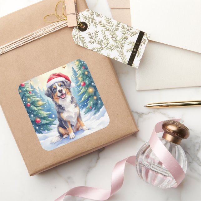 Entlebucher Mountain Dog Snowy Forest Santa Square Sticker (Gifting)