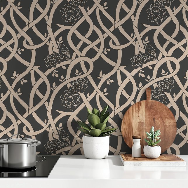 Entwined Elegance: Black and Beige Floral Bird Wallpaper (Creator Uploaded)