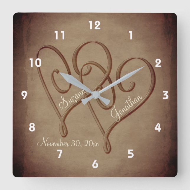 Entwined Hearts In Sepia Personalised Wedding Square Wall Clock (Front)