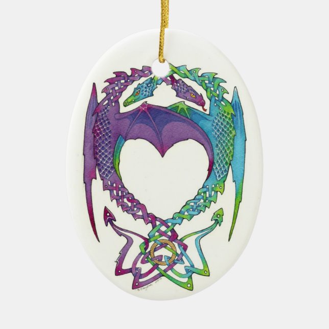 Entwined in love dragons oval ceramic ornament (Front)