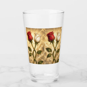 Entwined red and white roses. glass
