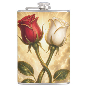 Entwined red and white roses. hip flask