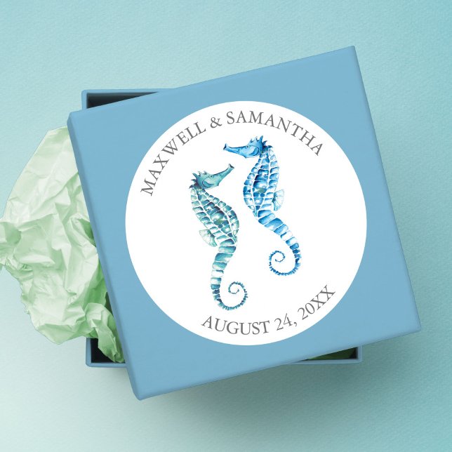 Envelope Seal Sticker, Blue Seahorse Beach Wedding (wedding stickers for favors unique watercolor seahorse art by Victoria Grigaliunas)