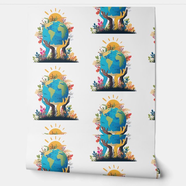  Environment  - Earth Illustration with Hand & sun Wallpaper (Unrolling)