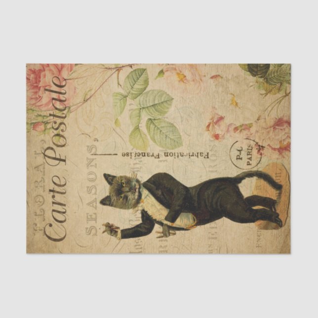 Ephemera French Postcard Dancing Cat Decoupage Tissue Paper (Front)