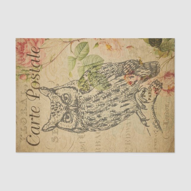 Ephemera French Postcard Line Art Owl Decoupage Tissue Paper (Front)
