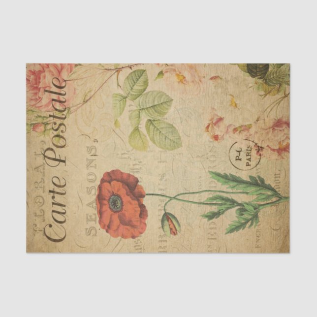 Ephemera French Postcard Red Poppy Decoupage Tissue Paper (Front)