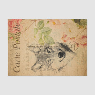 Ephemera French Postcard Wolf Floral Decoupage Tissue Paper