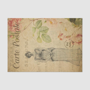 Ephemera French Woman Pink Roses Floral Decoupage Tissue Paper