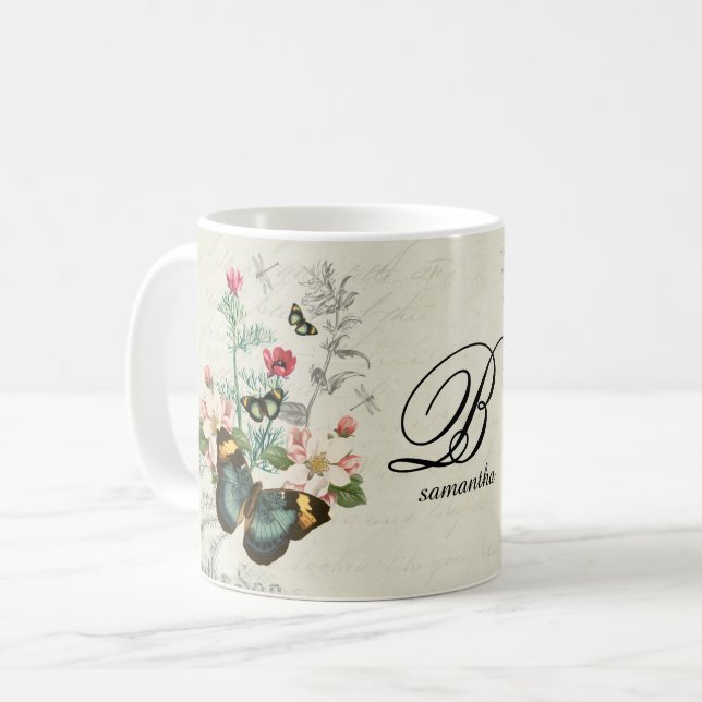 Ephemera Romantic Vintage Butterflies Monogram Coffee Mug (Front Left)