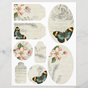 Ephemera Tags Butterfly Floral Scrapbooking Sheet
