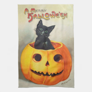 Ephemera Vintage Black Cat and Pumpkin Halloween Tea Towel