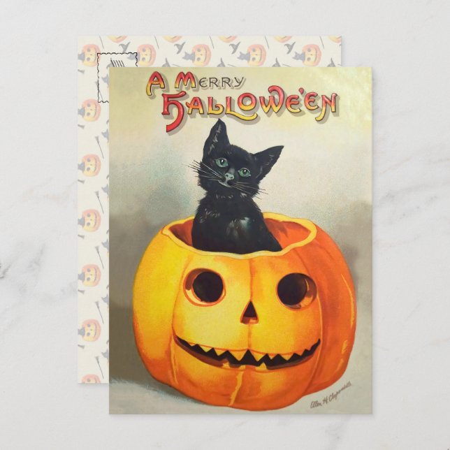 Ephemera Vintage Halloween Illustration Black Cat Postcard (Front/Back)
