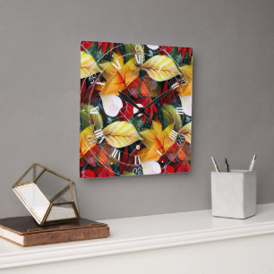 Ephemeral Autumn Foliage in Watercolor Vivid Bold  Square Wall Clock