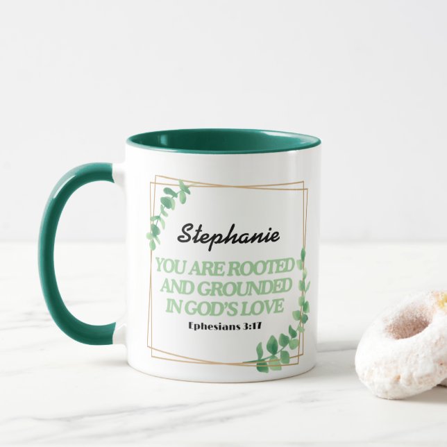 Ephesians 3:17 You Are Rooted Personalised Mug (With Donut)