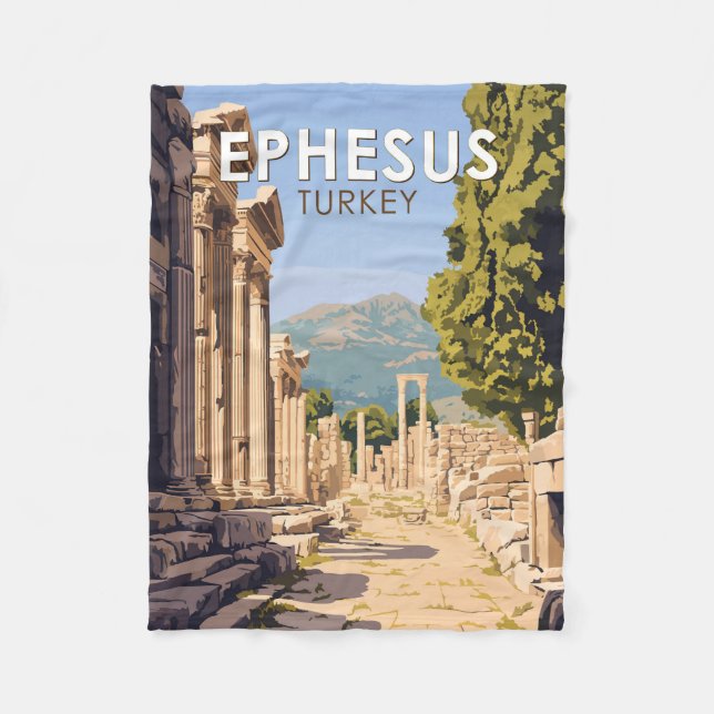 Ephesus Turkey Travel Art Vintage Fleece Blanket (Front)
