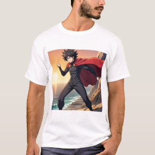 Epic Anime Hero at Sunset – Powerful Warrior with  T-Shirt