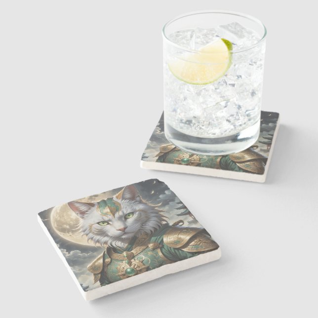 Epic Armoured Cat Warrior Stone Coaster (Side)