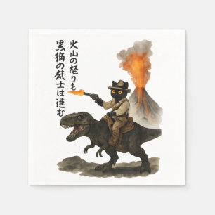 Epic Black Cat Cowboy Riding Dinosaur with Volcano Napkin