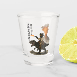 Epic Black Cat Cowboy Riding Dinosaur with Volcano Shot Glass