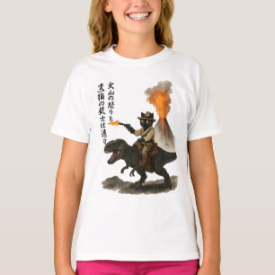 Epic Black Cat Cowboy Riding Dinosaur with Volcano T-Shirt