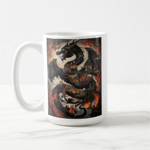 Epic Black Dragon Over Burning Castle Fantasy Art Coffee Mug