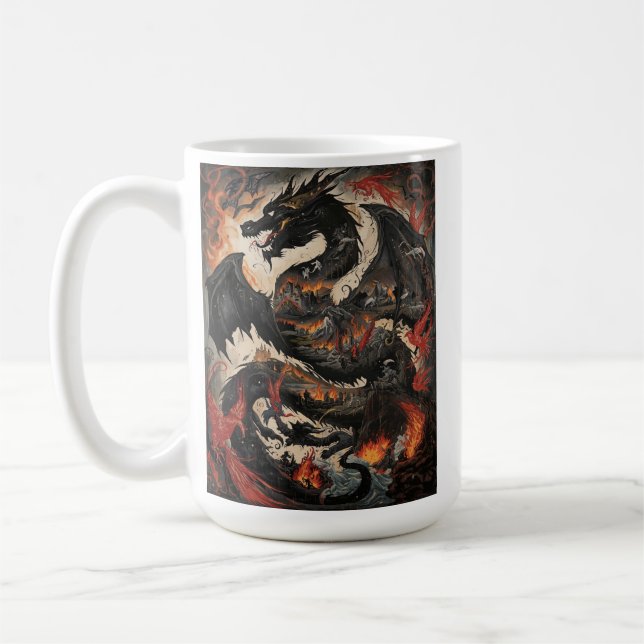 Epic Black Dragon Over Burning Castle Fantasy Art Coffee Mug (Left)