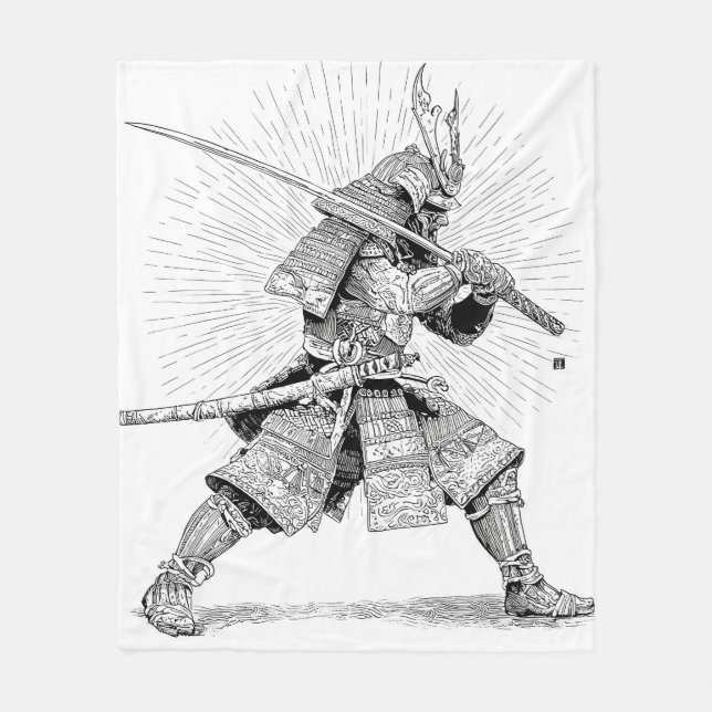 Epic Black Samurai Warrior Ink Drawing Blanket (Front)