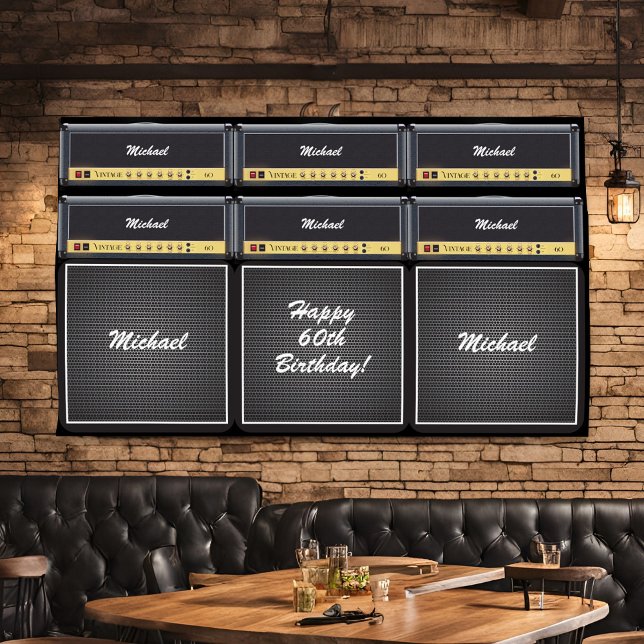 Epic Classic Rock Guitar Amp Stack 60th Birthday Banner (Epic 80's rock music themed birthday party banner: Classic guitar amp stack black white gold + name)
