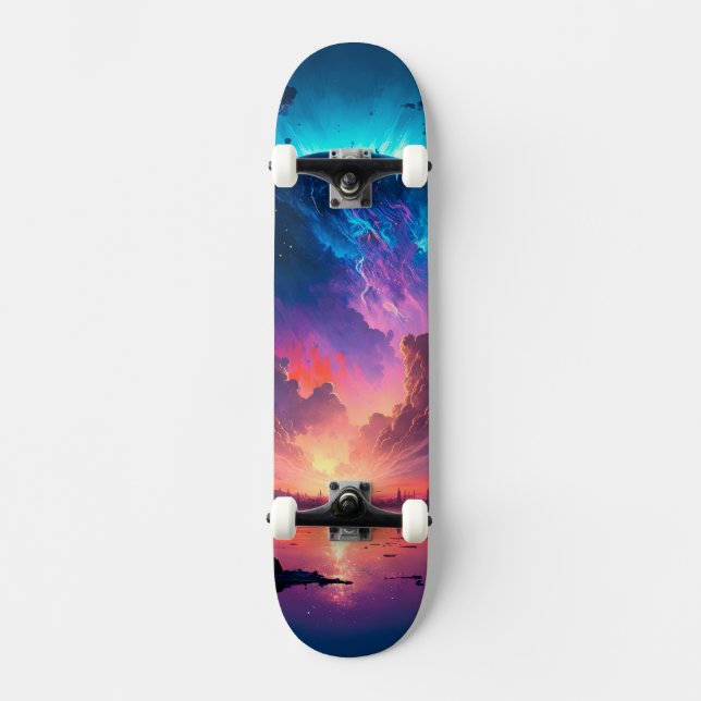Epic colour filled sky and planet in space skateboard (Front)