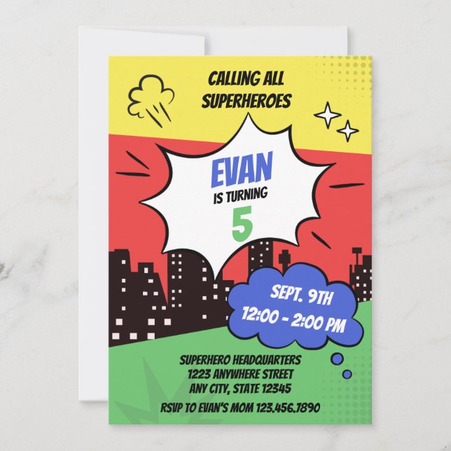 Epic Colourful Superhero Birthday  Invitation (Front)