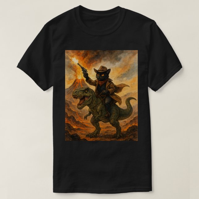 Epic Cowboy Cat Riding Dinosaur – Bold Watercolor T-Shirt (Design Front)