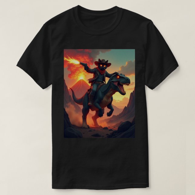 Epic Cowboy Cat Riding Dinosaur | Fantasy Sci-Fi T-Shirt (Design Front)