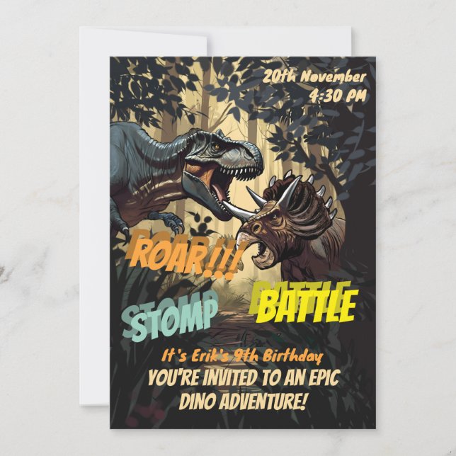 Epic Dinosaur Stomp, Roar and Battle Birthday Invitation (Front)