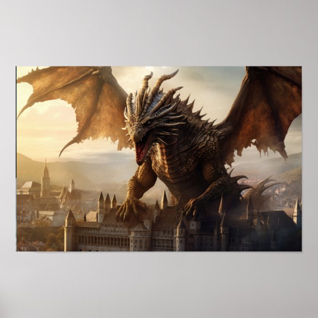 Epic Dragon Over Mediaeval City Poster (Front)