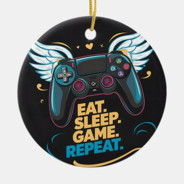 Epic Gaming Gear.  Eat. Sleep. Game. Repeat. Winge Ceramic Tree Decoration (Front)