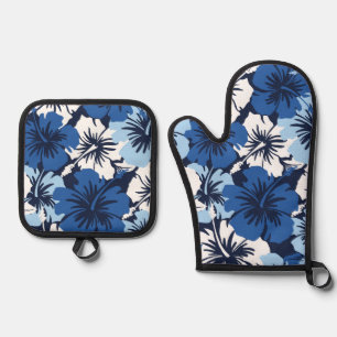 Epic Hibiscus Hawaiian Floral Aloha Blues Oven Mitt & Pot Holder Set