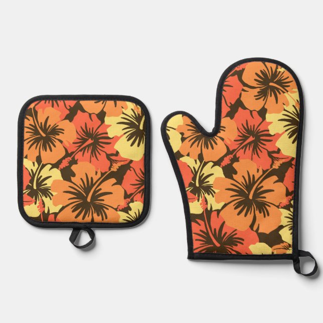 Epic Hibiscus Hawaiian Floral Aloha Orange Oven Mitt & Pot Holder Set (Front)