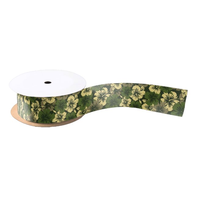 Epic Hibiscus Hawaiian Floral Olive Green Satin Ribbon (Spool)