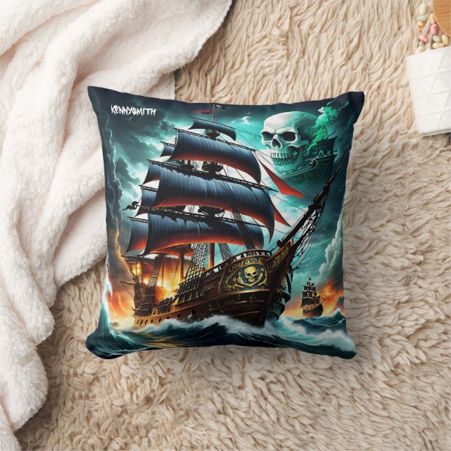 Epic Pirate Ship Battling Stormy Seas at Dusk Cushion (Blanket)