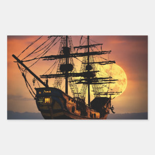 Epic Pirate Ship Silhouette Sunset Moon Large Circ Rectangular Sticker