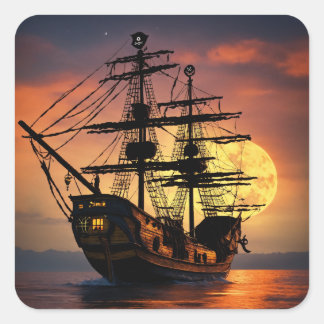 Epic Pirate Ship Silhouette Sunset Moon Large Circ Square Sticker