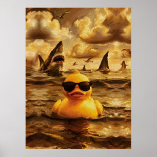 Epic Shark Attack with Brave Rubber Duck Poster